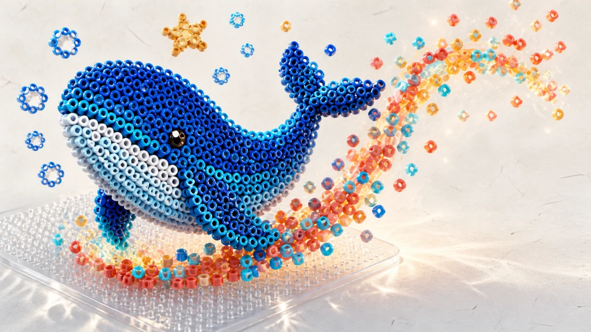 An original blue whale built from hollow craft beads rising from a frosted pegboard