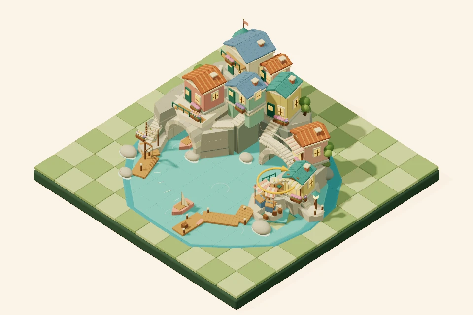 Colorful cliffside town around a crescent bay, with one column turning to complete the miniature world