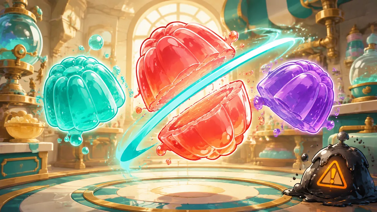 Glossy coral, aqua, and violet jellies being sliced inside a magical dessert workshop