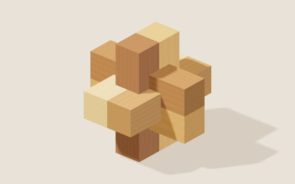 Six notched wooden rails interlocked in three dimensions
