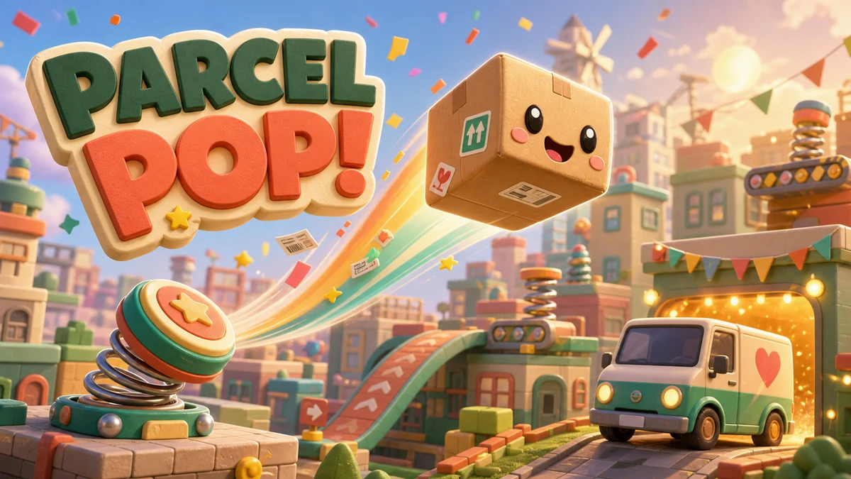 A smiling parcel springs across a colorful toy delivery city toward a waiting van