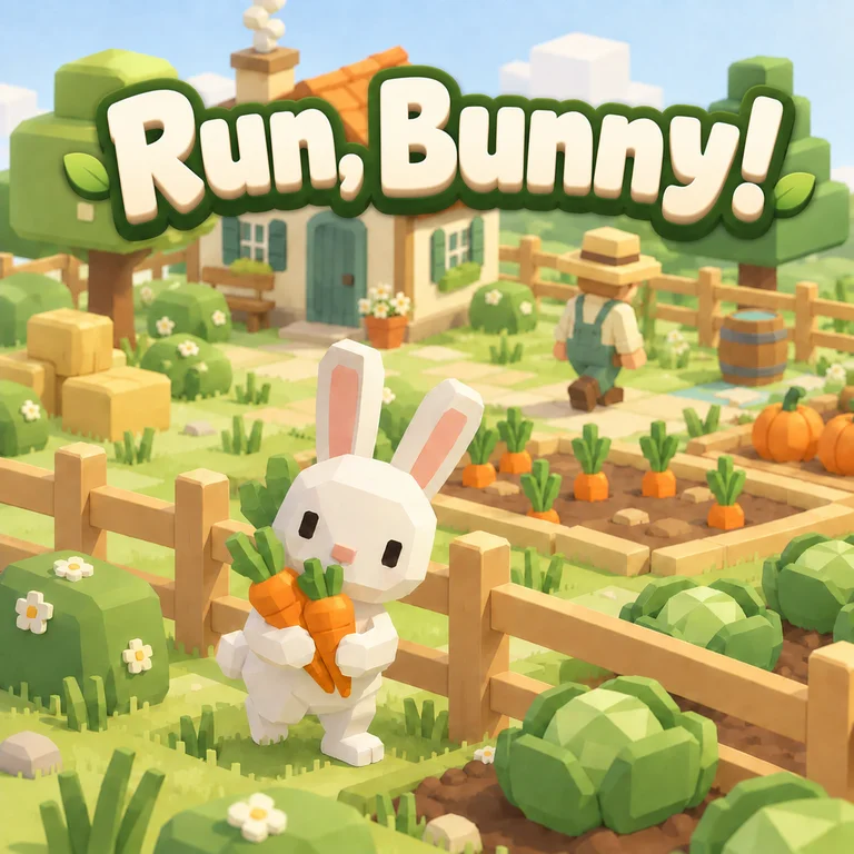A bunny holding carrots in a cozy farm, with the title Run, Bunny!