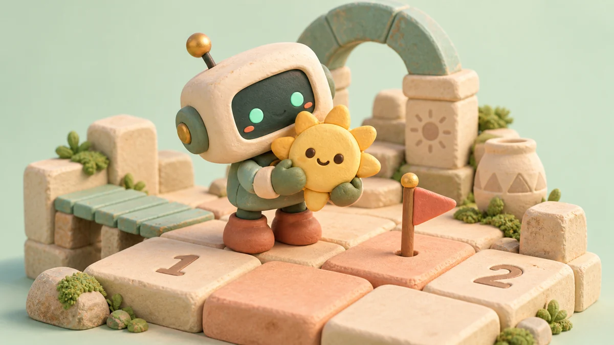 A little clay robot hugging a smiling sun relic on a rounded puzzle board beside a coral flag.