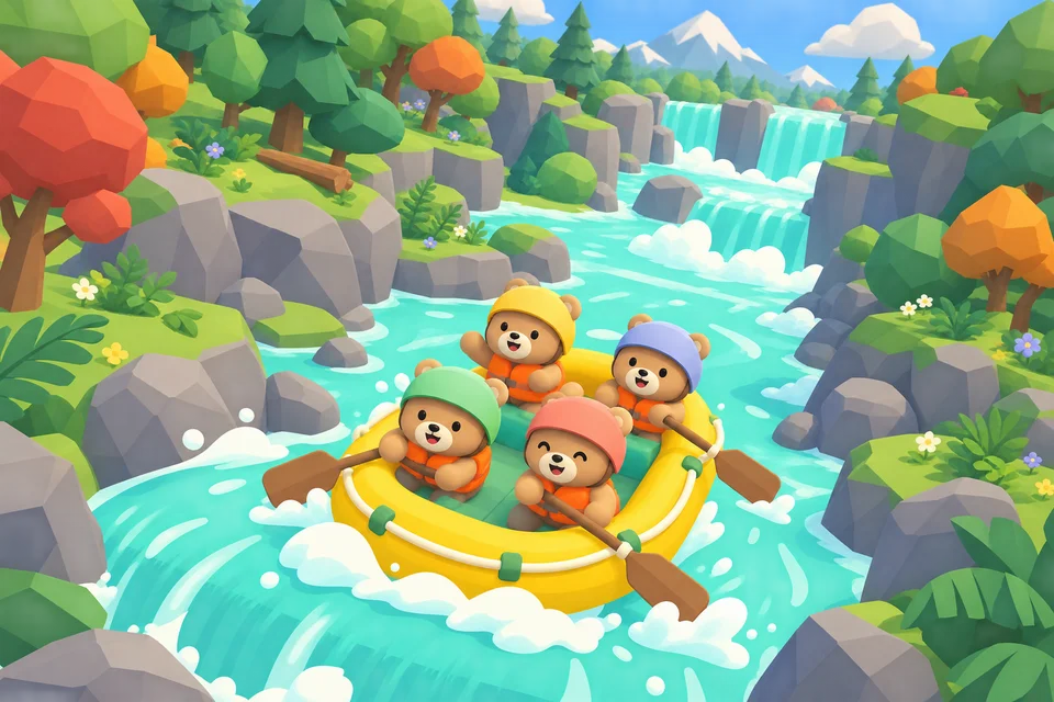 Four helmeted woodland friends rafting through a colorful low-poly river canyon
