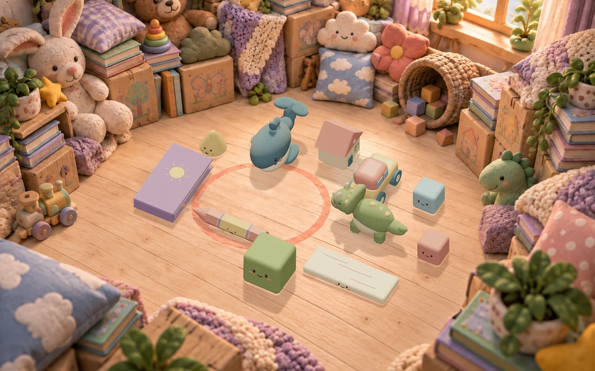 Colorful toys scattered around a chalk circle in a cozy toyroom